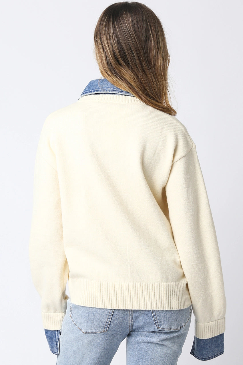 Emely Contrast Knit Top - Ivory Light Denim