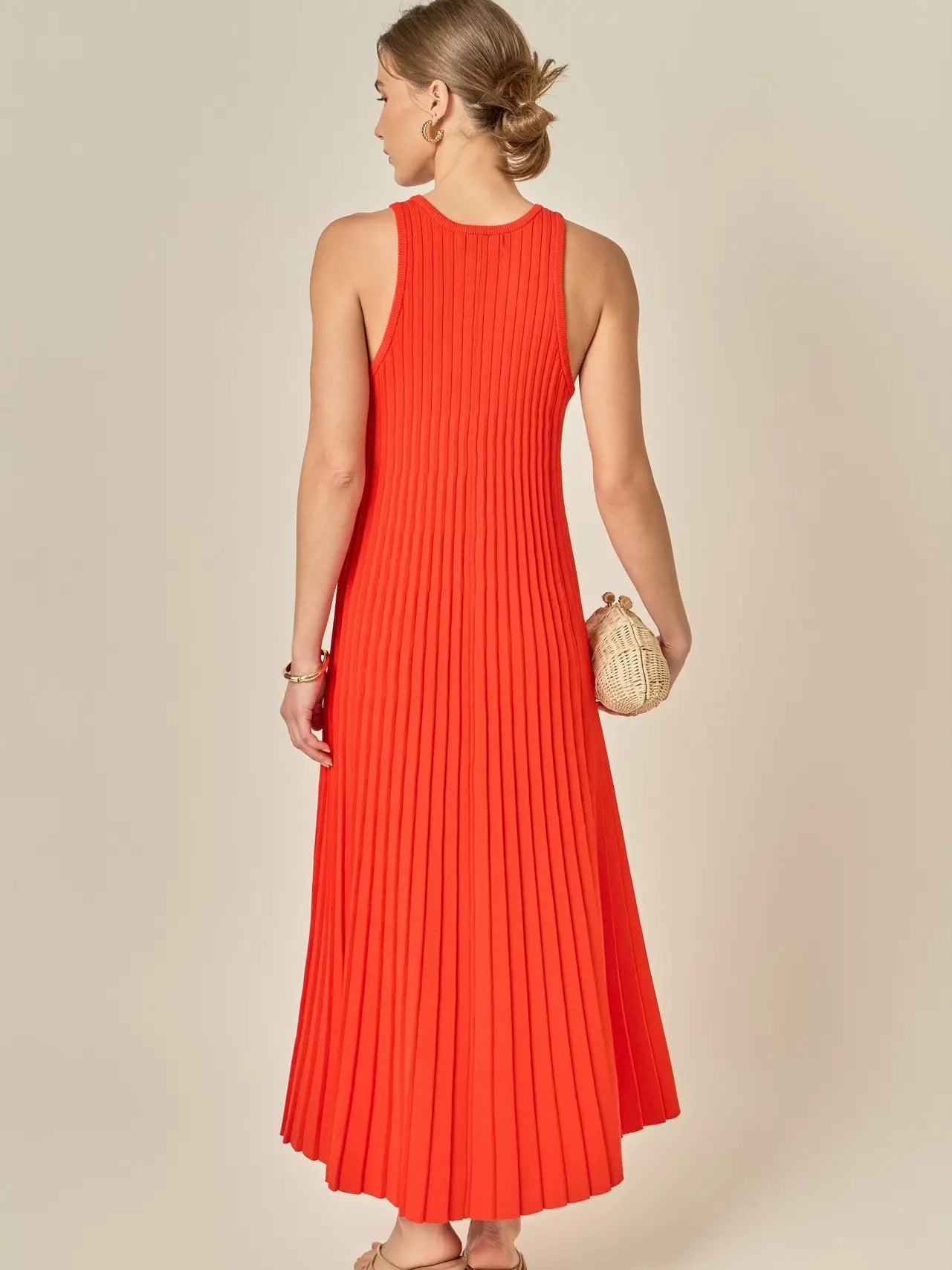 English Factory Pleated A-Line Knit Midi Dress - Orange