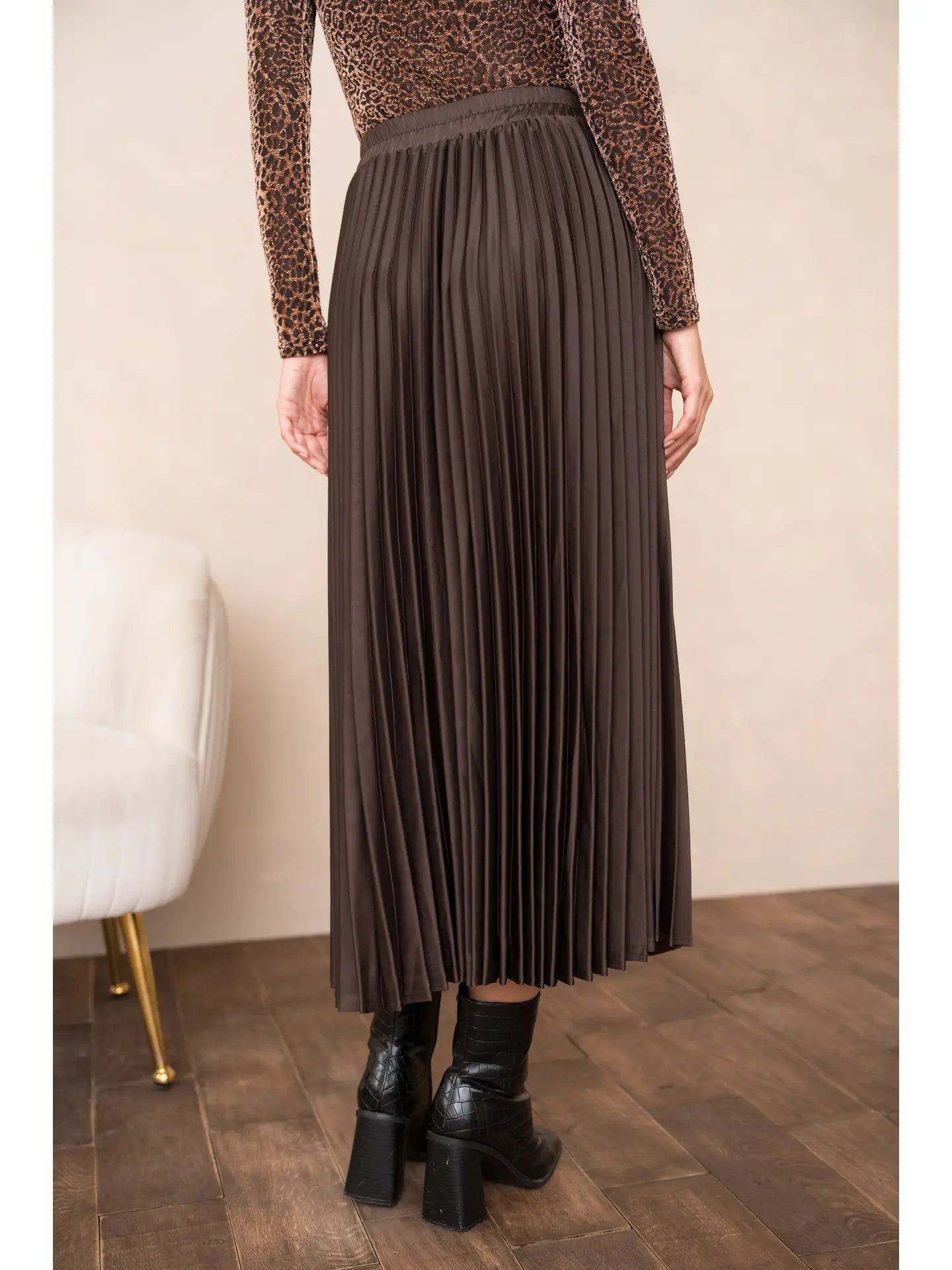 Solid Satin Pleated Skirt - Choco Brown