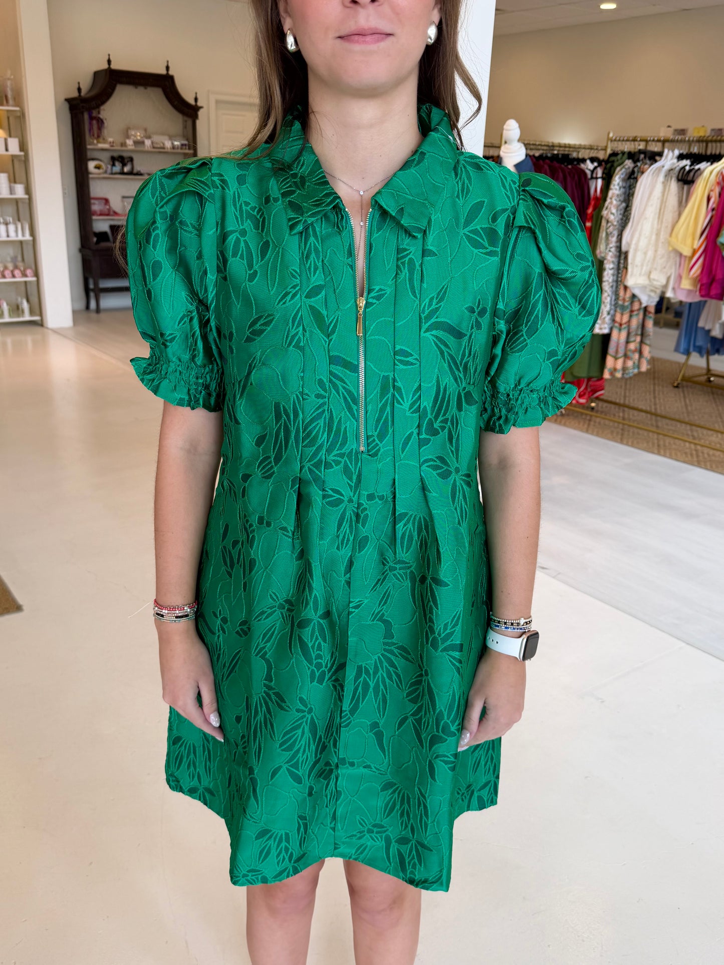 Jade Front Zip Darts Dress - Emerald Stitch Brocade