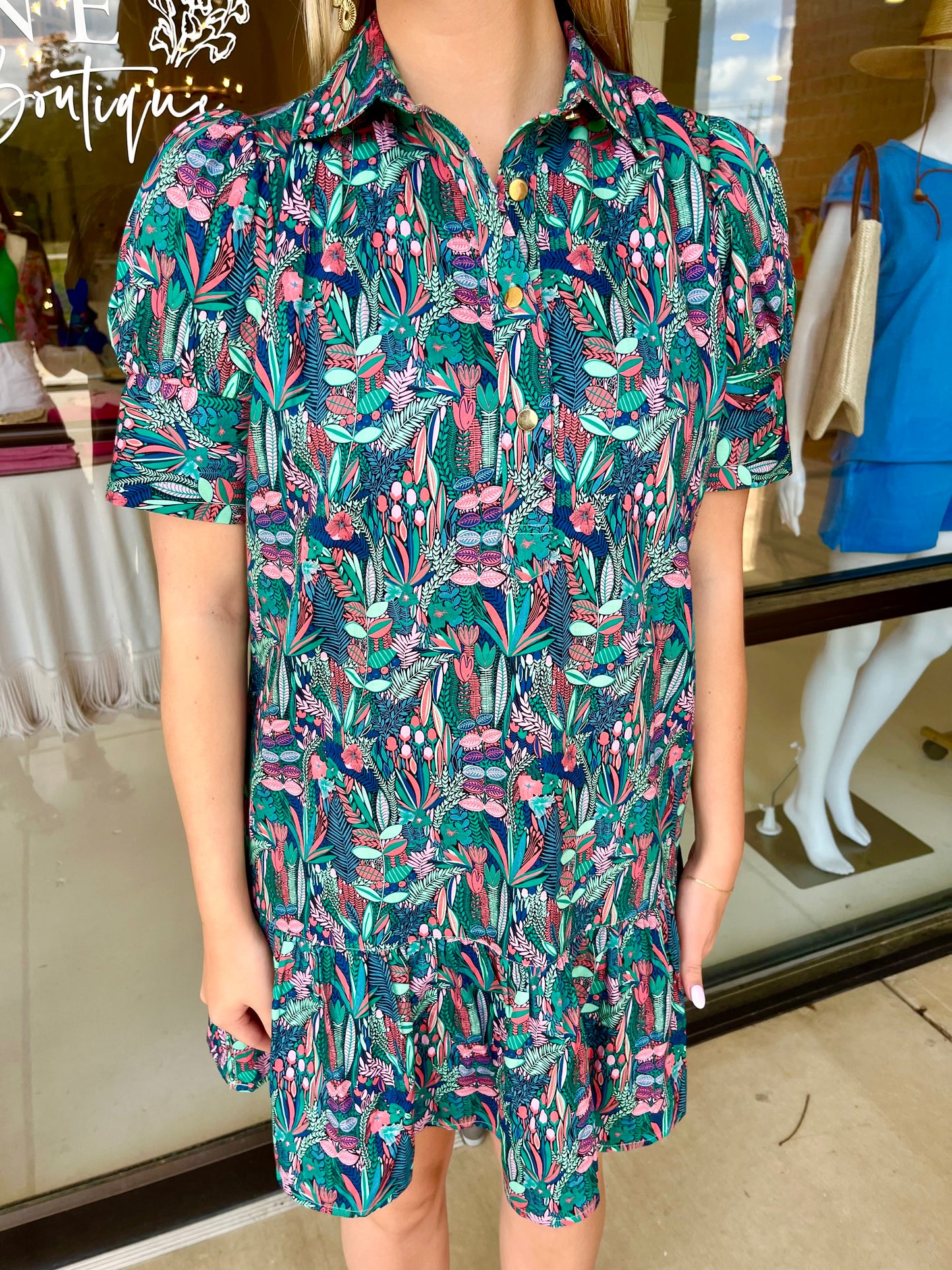 Never A Wallflower Everything Short Sleeve Dress with Ruffle - April Flowers Dark