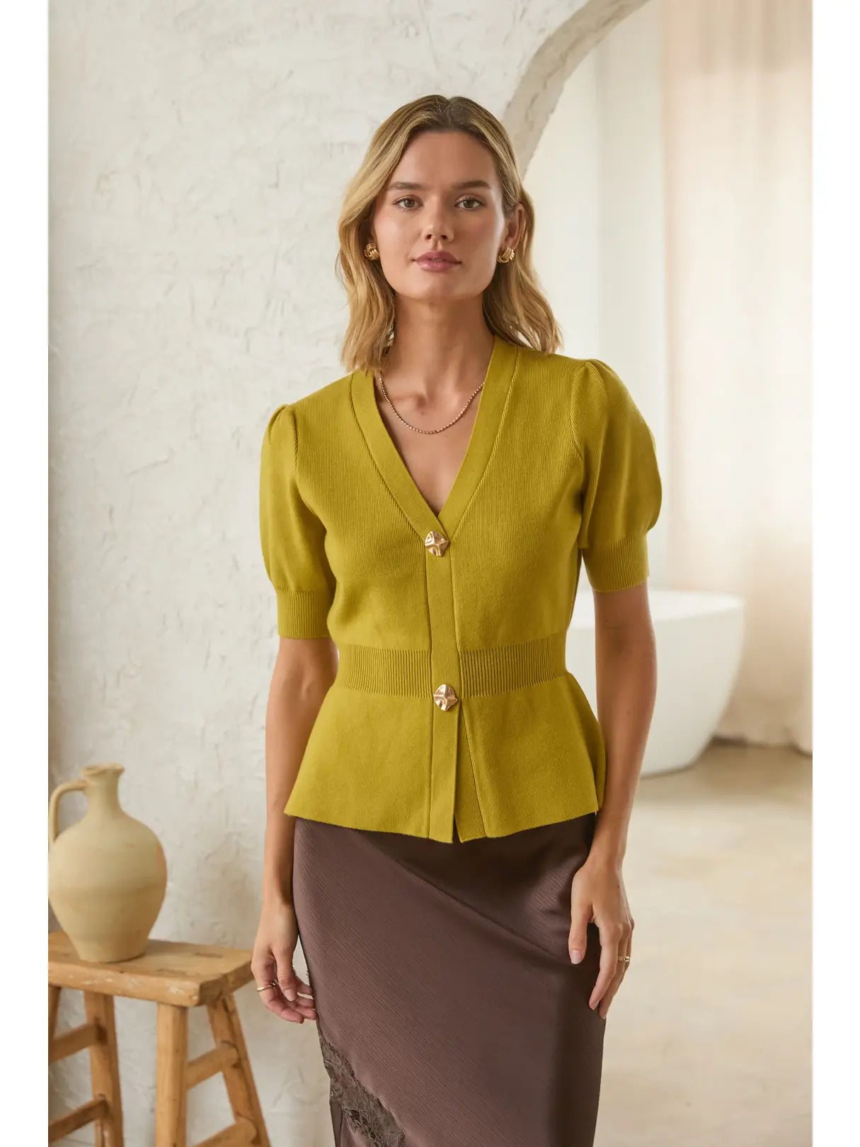 Ribbed Short Sleeve Cardigan w/ Gold Buttons - Chartreuse