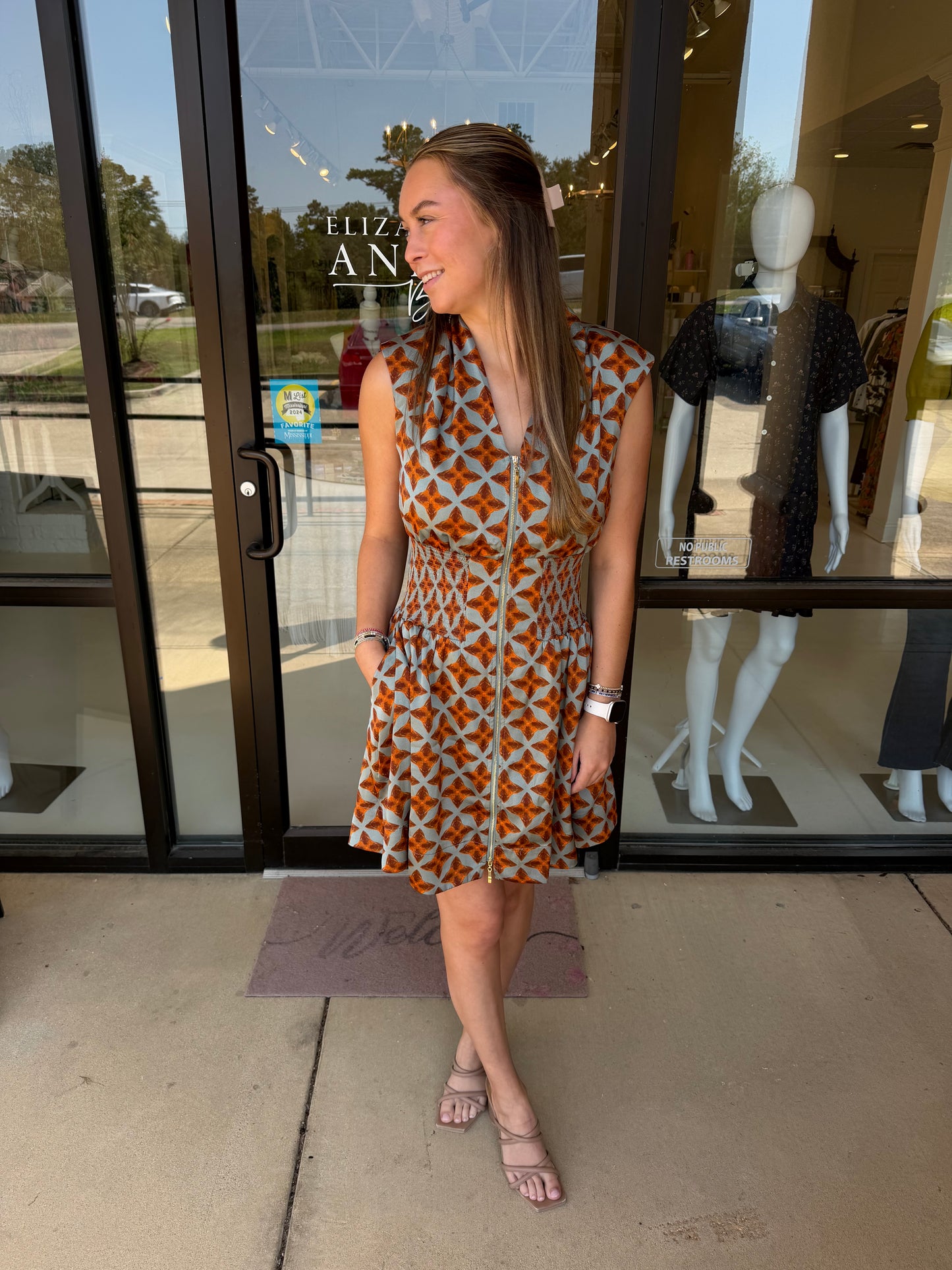 Joy Joy Elastic Waist Zip Dress - Copper Tile