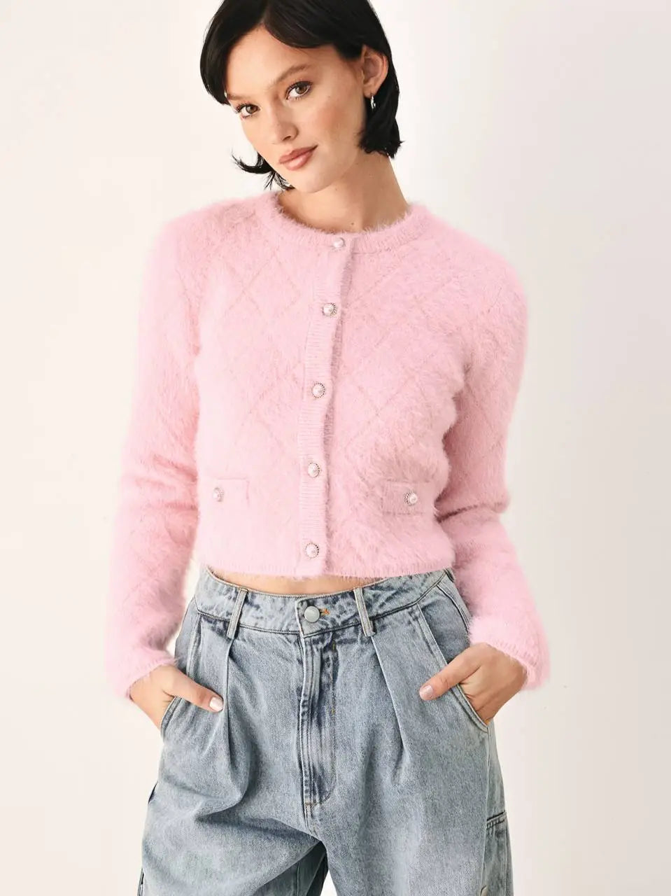 Solid Sweater Knit Cropped Cardigan - Pink