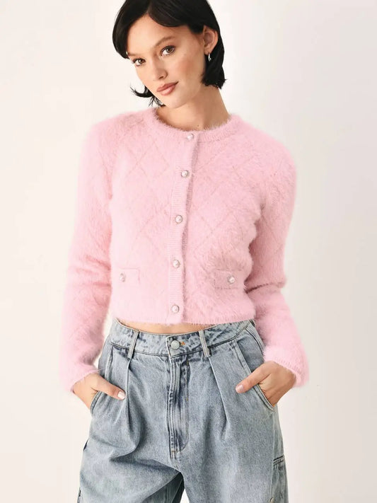 Solid Sweater Knit Cropped Cardigan - Pink