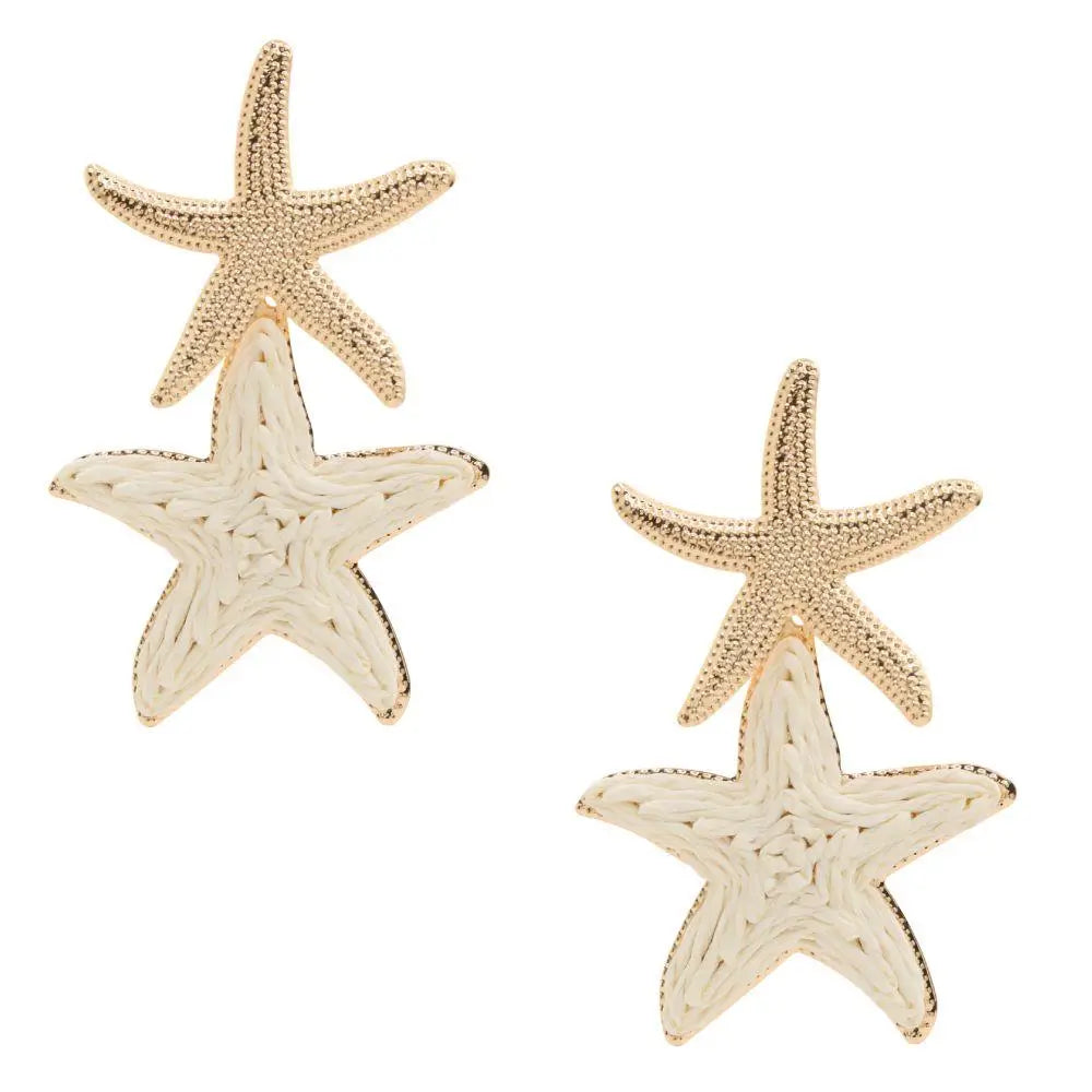 Double Starfish Raffia Metal Dangle Earring