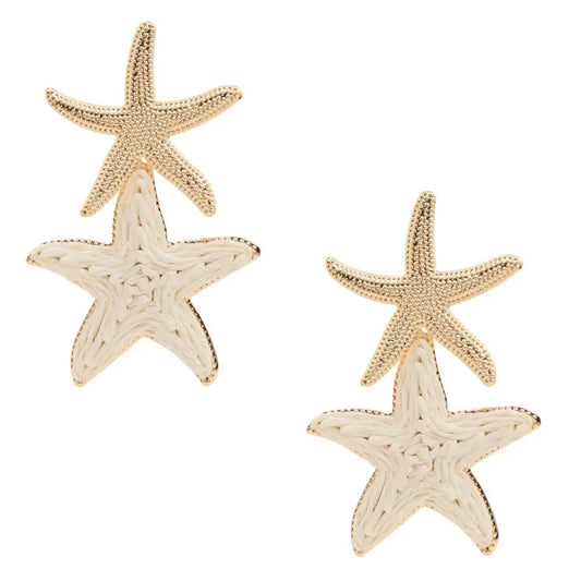 Double Starfish Raffia Metal Dangle Earring