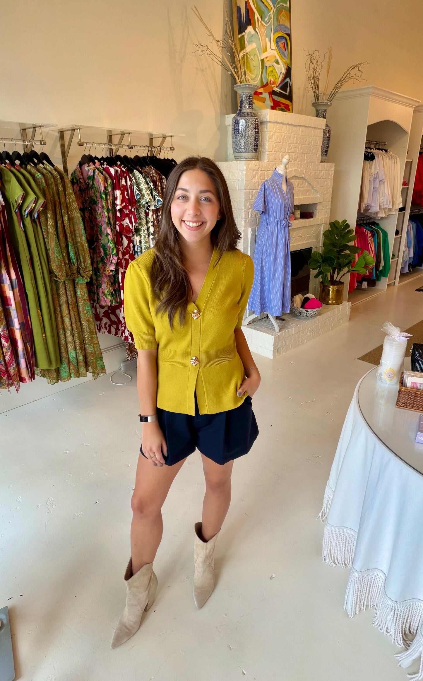 Ribbed Short Sleeve Cardigan w/ Gold Buttons - Chartreuse