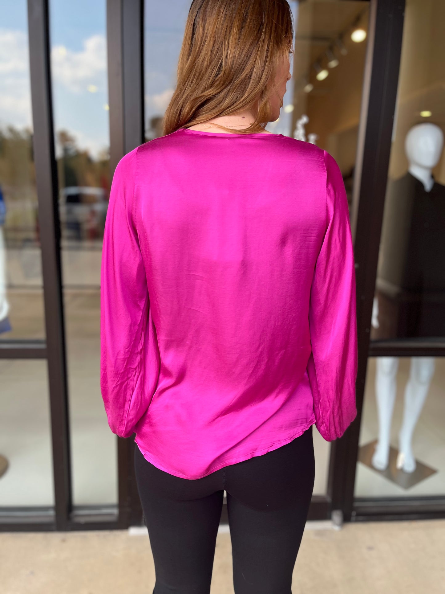 Esqualo Satin V-Neck Blouse- Fuchsia