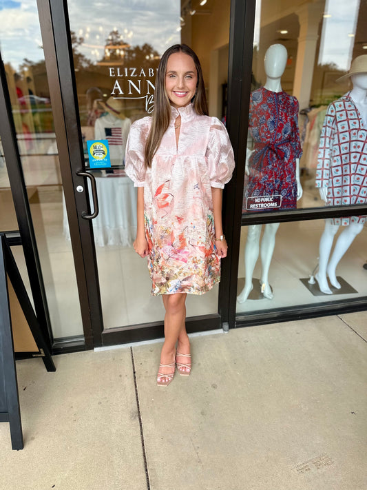 Jade High Neck Puff Sleeve Dress - Butterfly Garden