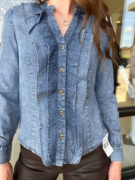 KUT Fallon Double Ruffle Shirt- Medium Wash