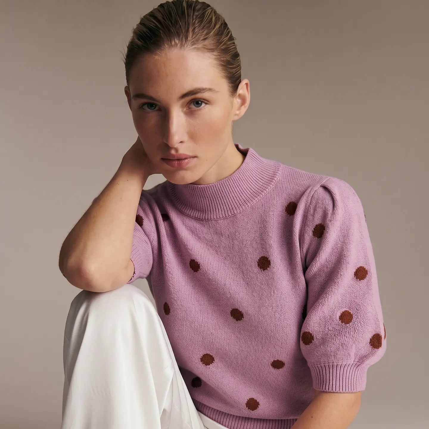 Polka Dot Mock Neck Sweater - Dusty Pink