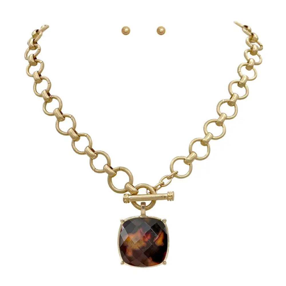 Tortoise Stone Bead Toggle Clasp Necklace