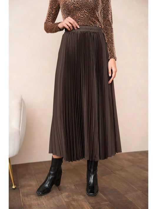 Solid Satin Pleated Skirt - Choco Brown