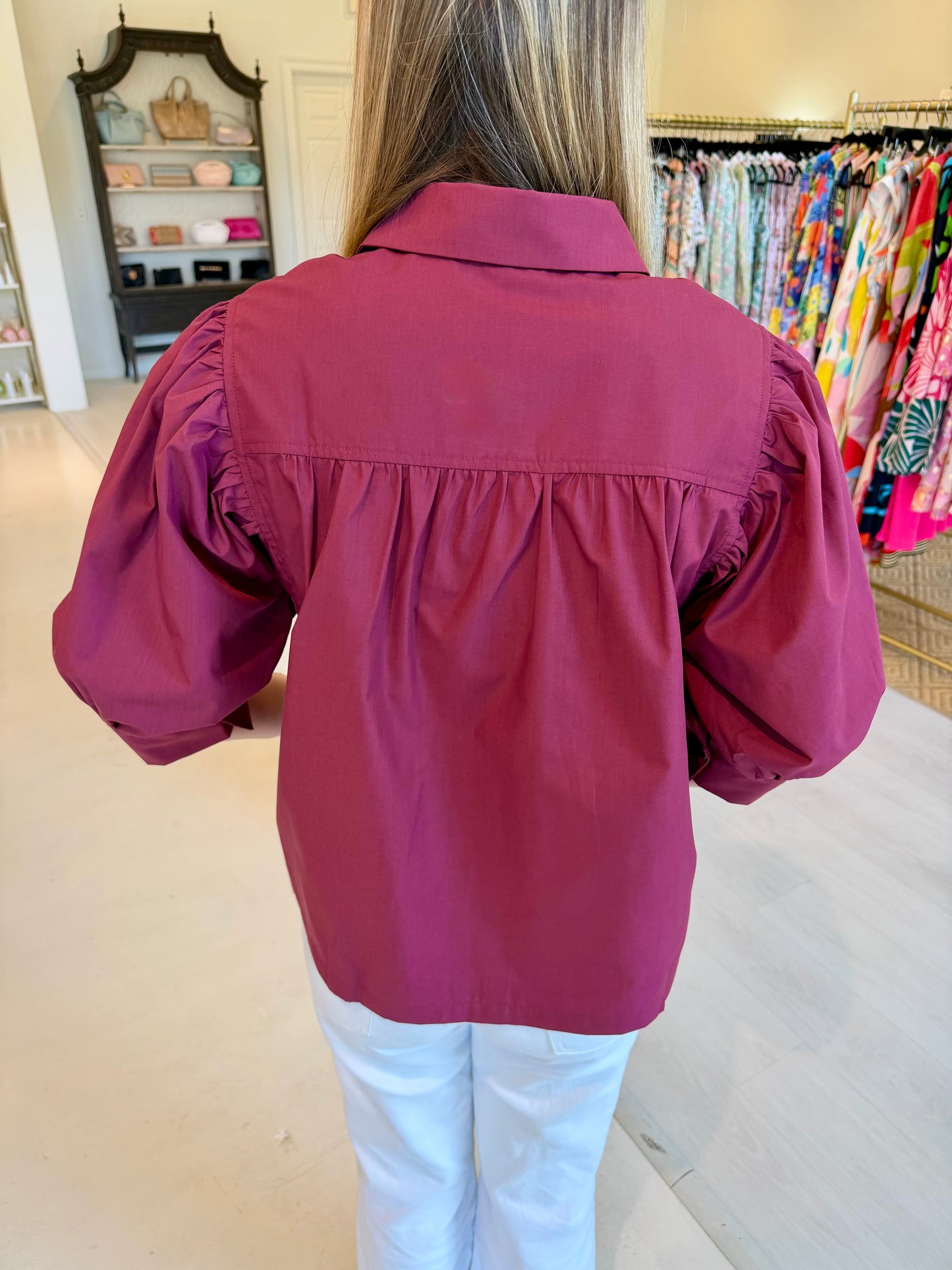 Jade Puff Sleeve Shirt - Maroon