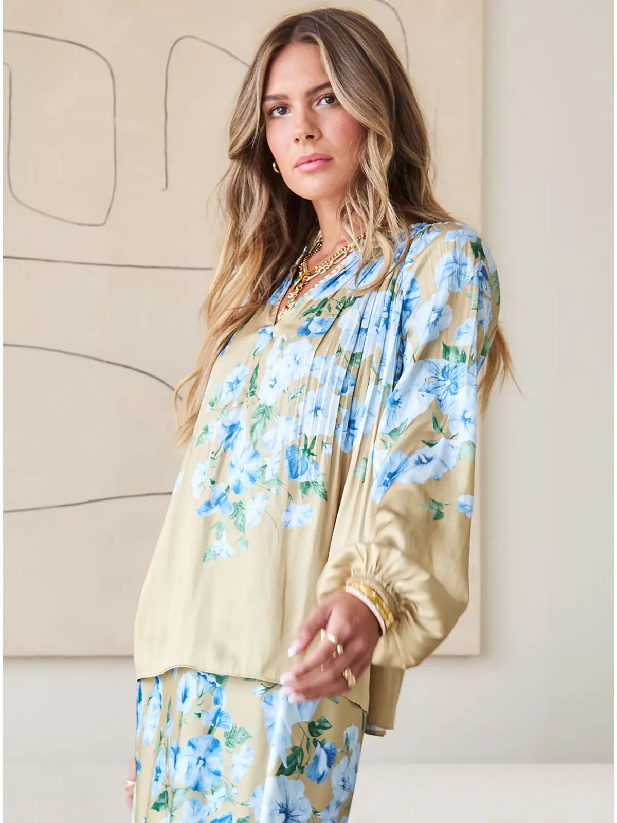 Floral Printed Pleated Blouse - Light Olive Blue