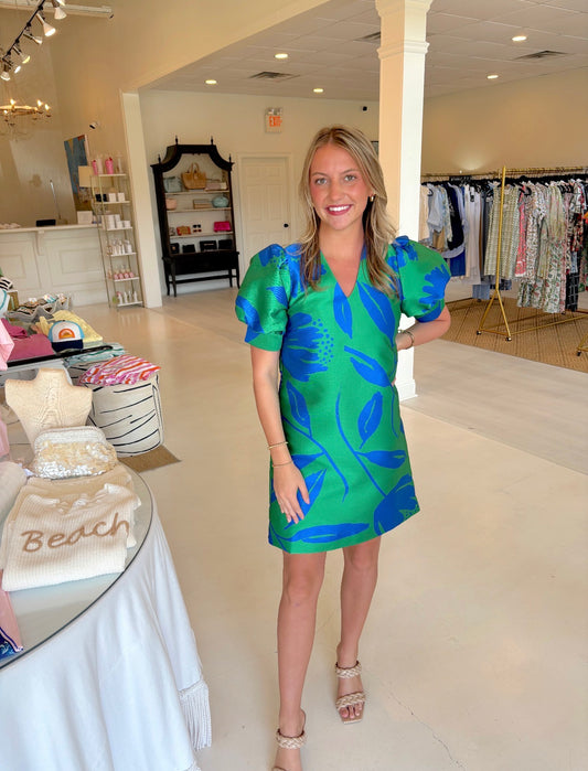 Jade V-Neck Puff Sleeve Dress - Green Floral Brocade