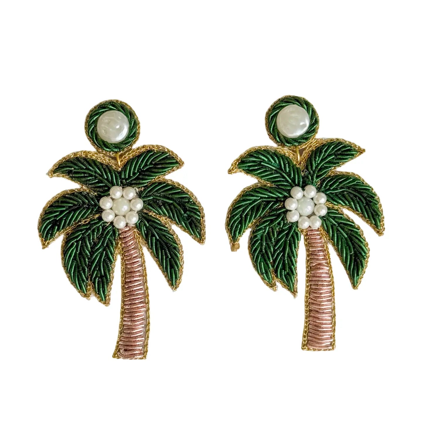Green Palm Tree Beaded Earrings