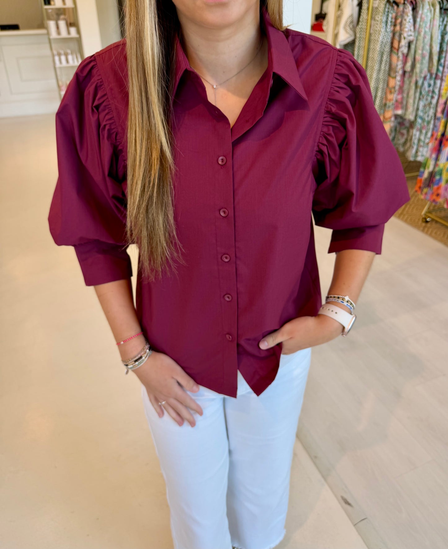 Jade Puff Sleeve Shirt - Maroon