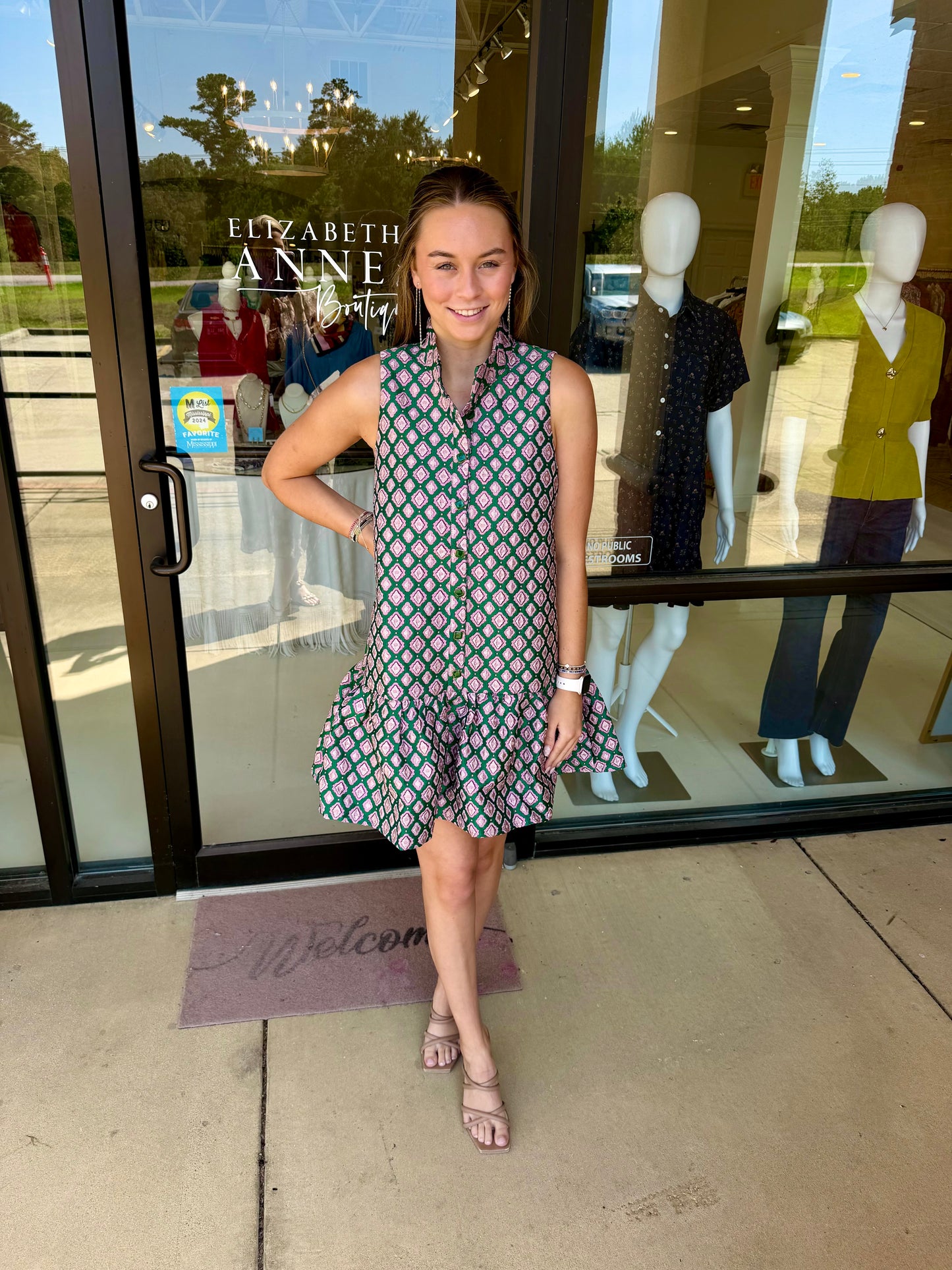 Joy Joy High Neck Trim Dress - Pink Trellis