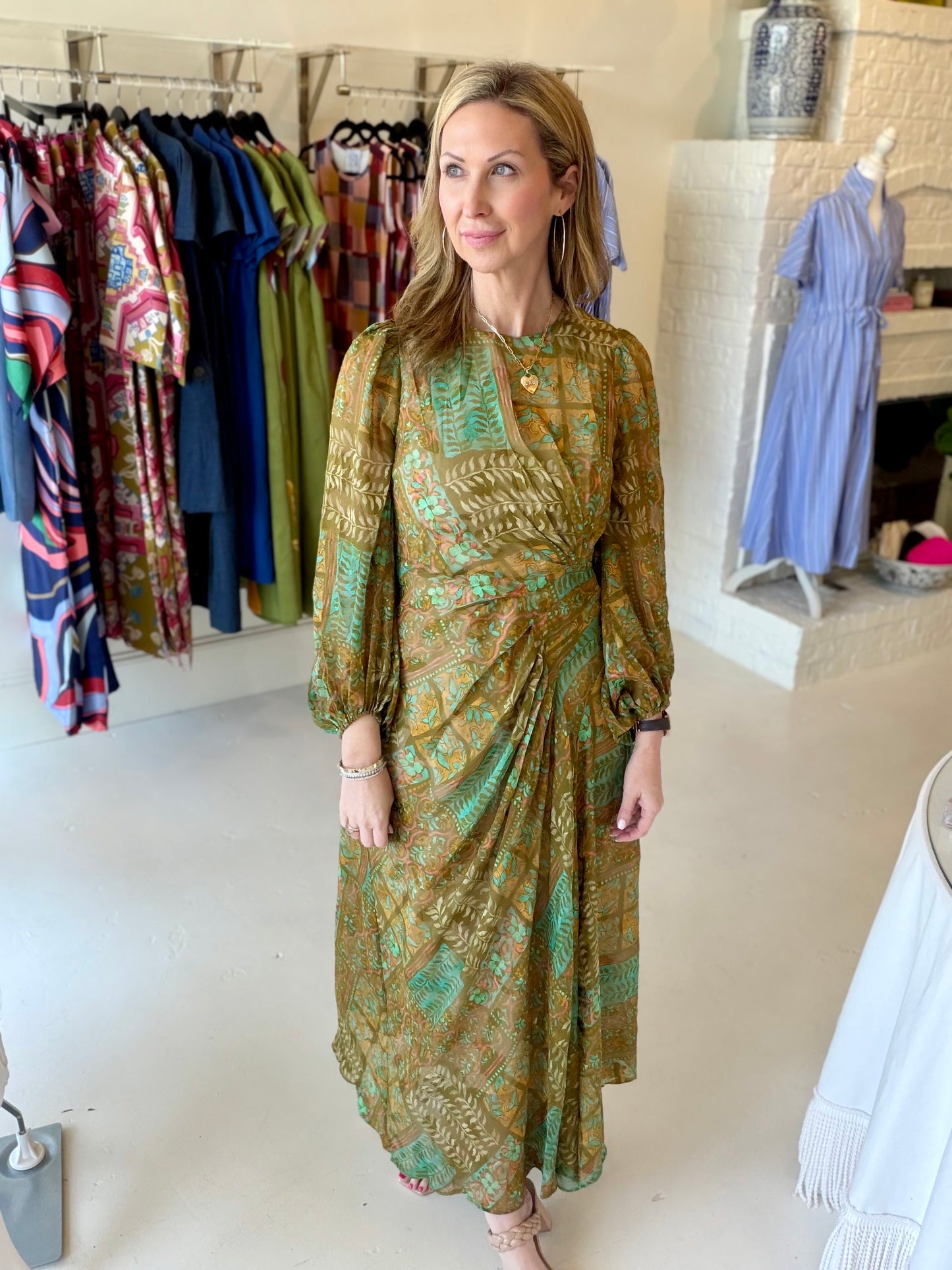 Jade Side Drape Pleated Maxi - Olive Tapestry