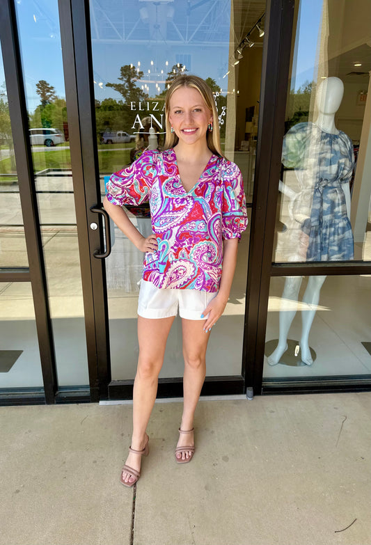 Jade V-Neck Trim Sleeve Top- Pure Paisley