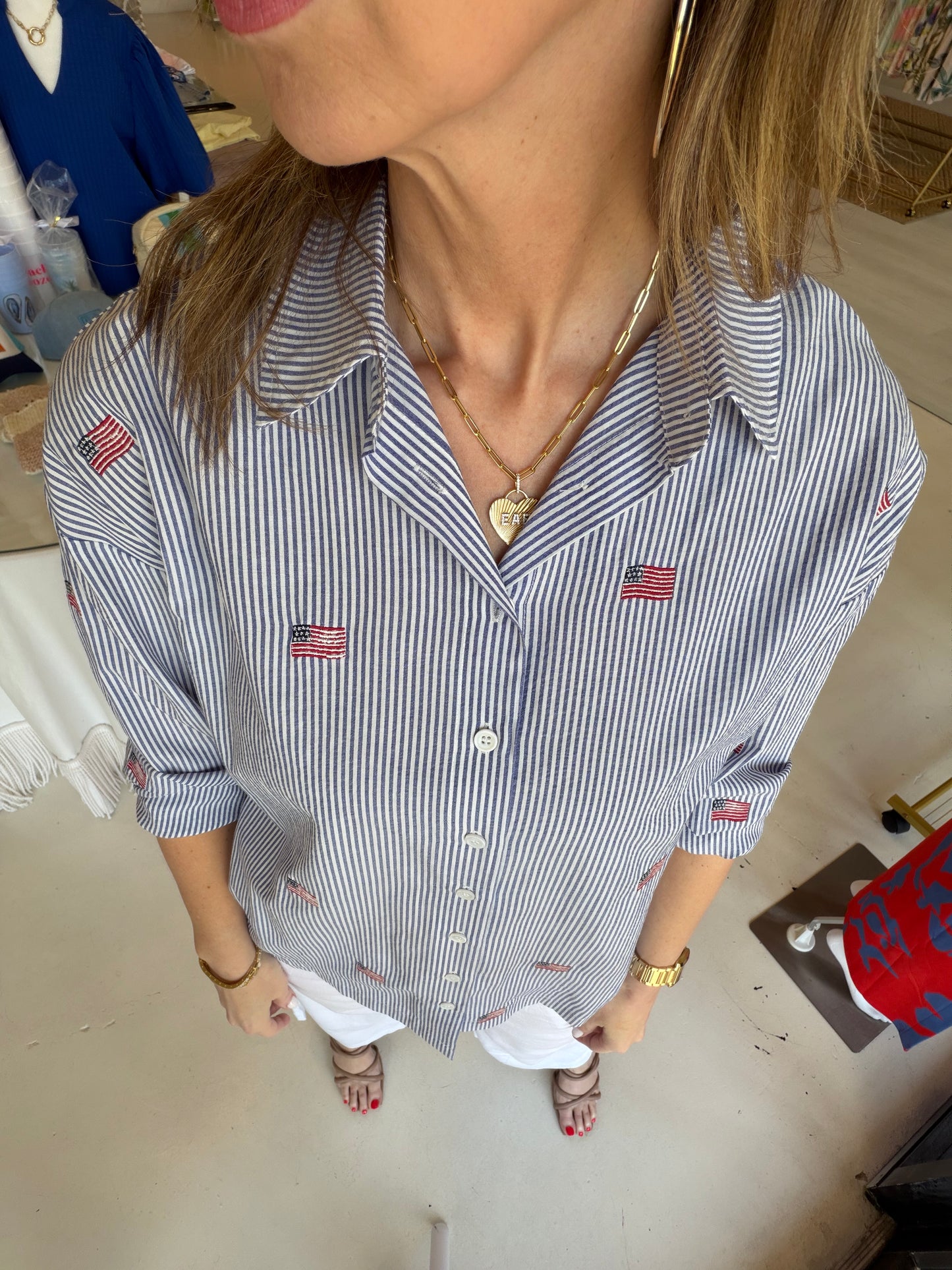 Stripe Flag Embroidered Oversized Button Down Shirt