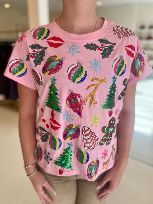 Queen of Sparkles Pink Christmas Tee