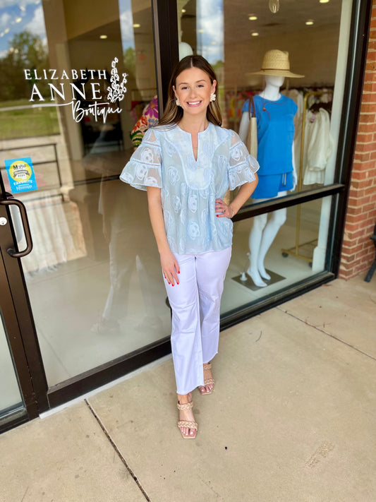 Joy Joy Flare Trim Top- Light Blue