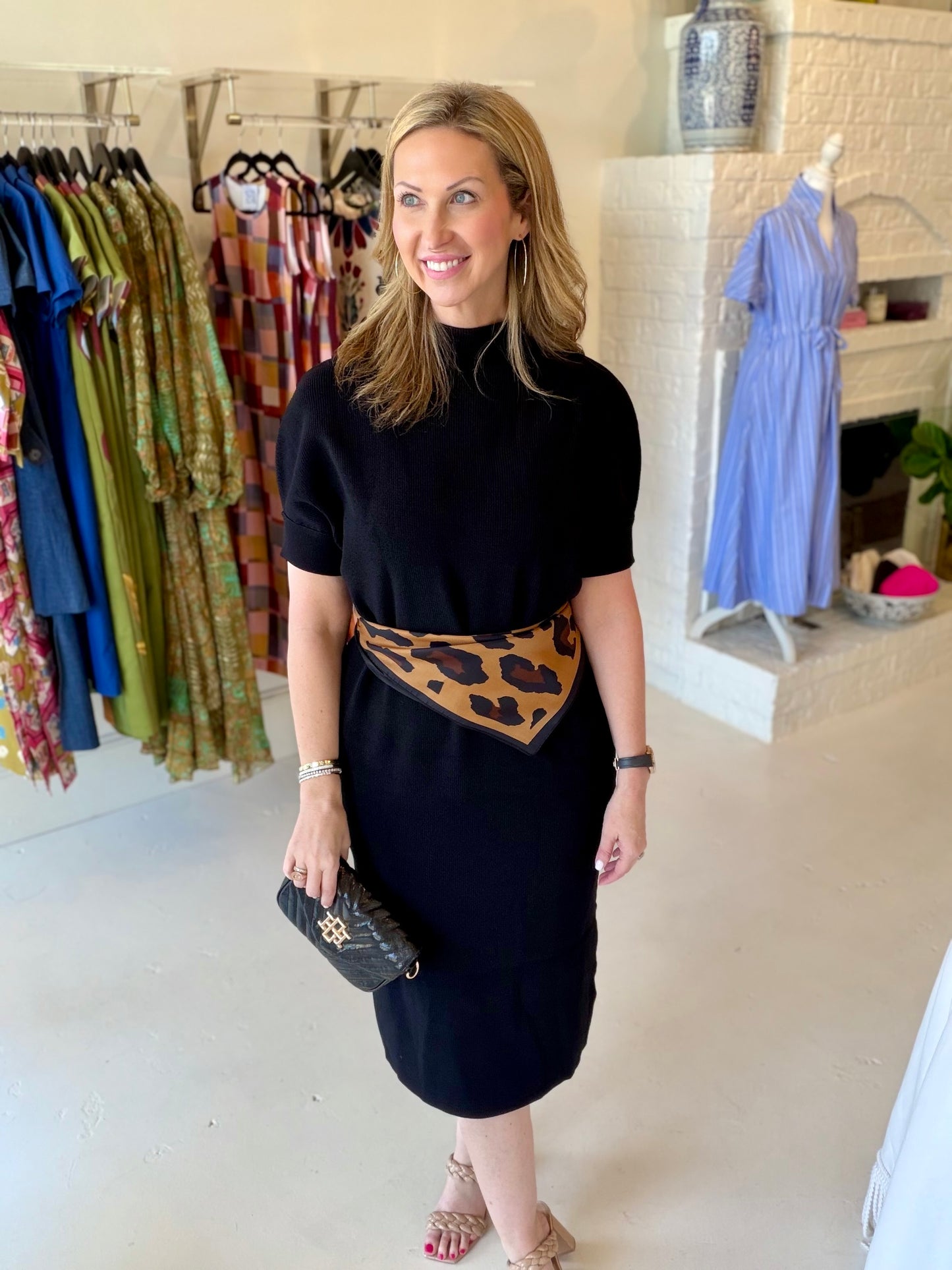 Esqualo Long Knit Sweater Dress with Belt - Black