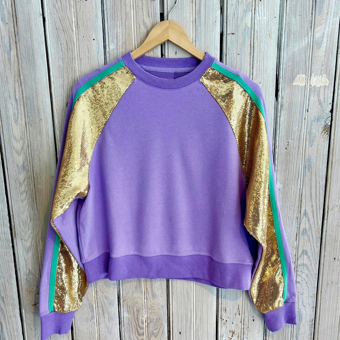 Mardi Gras Sweatshirt with Gold Sequins