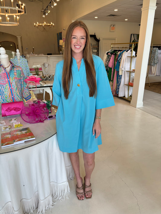 Jade Button Pleated Dress - Aqua