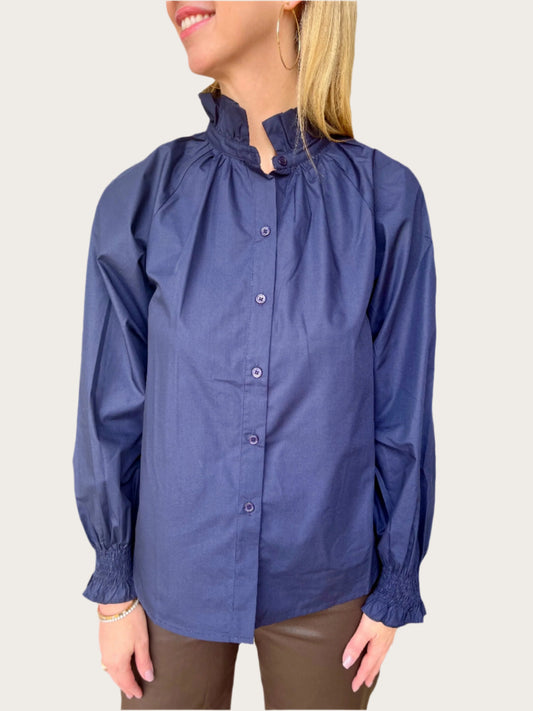 Jade Navy Gathered Neck Blouse