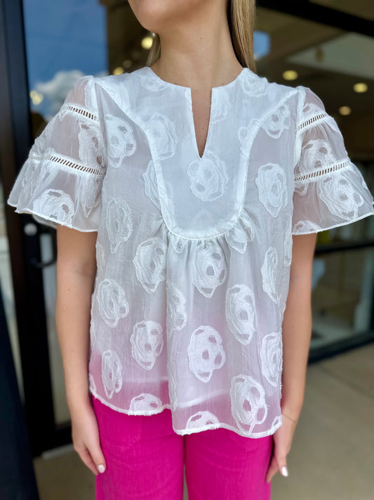 Joy Joy Trimmed Flare Sleeve Top - White