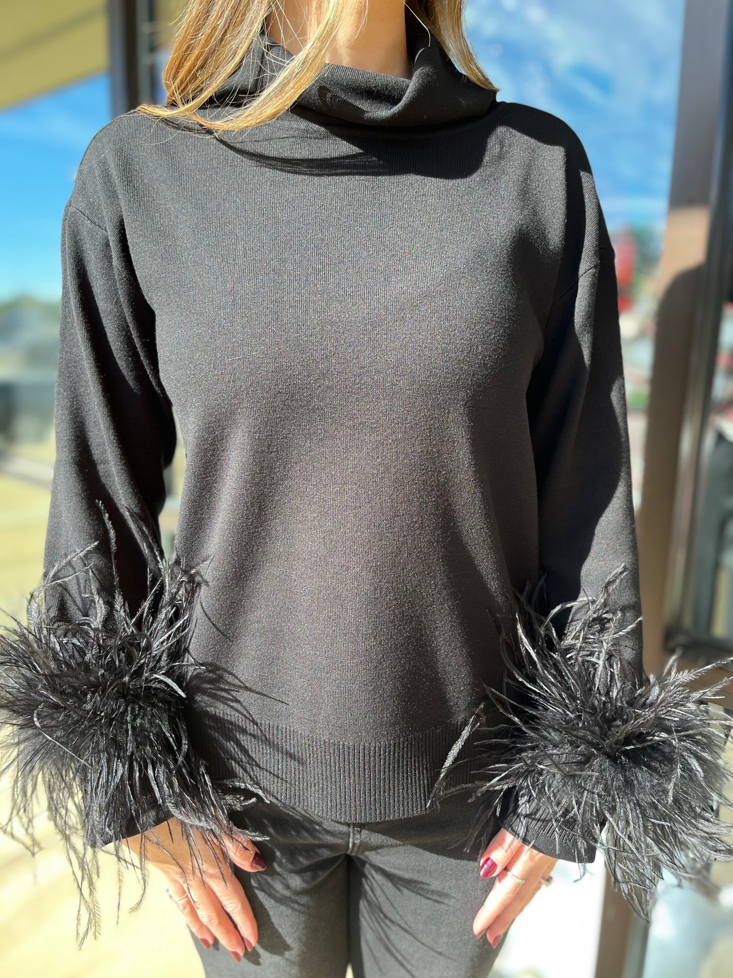 Melissa Nepton Edith Black Sweater with feather trim