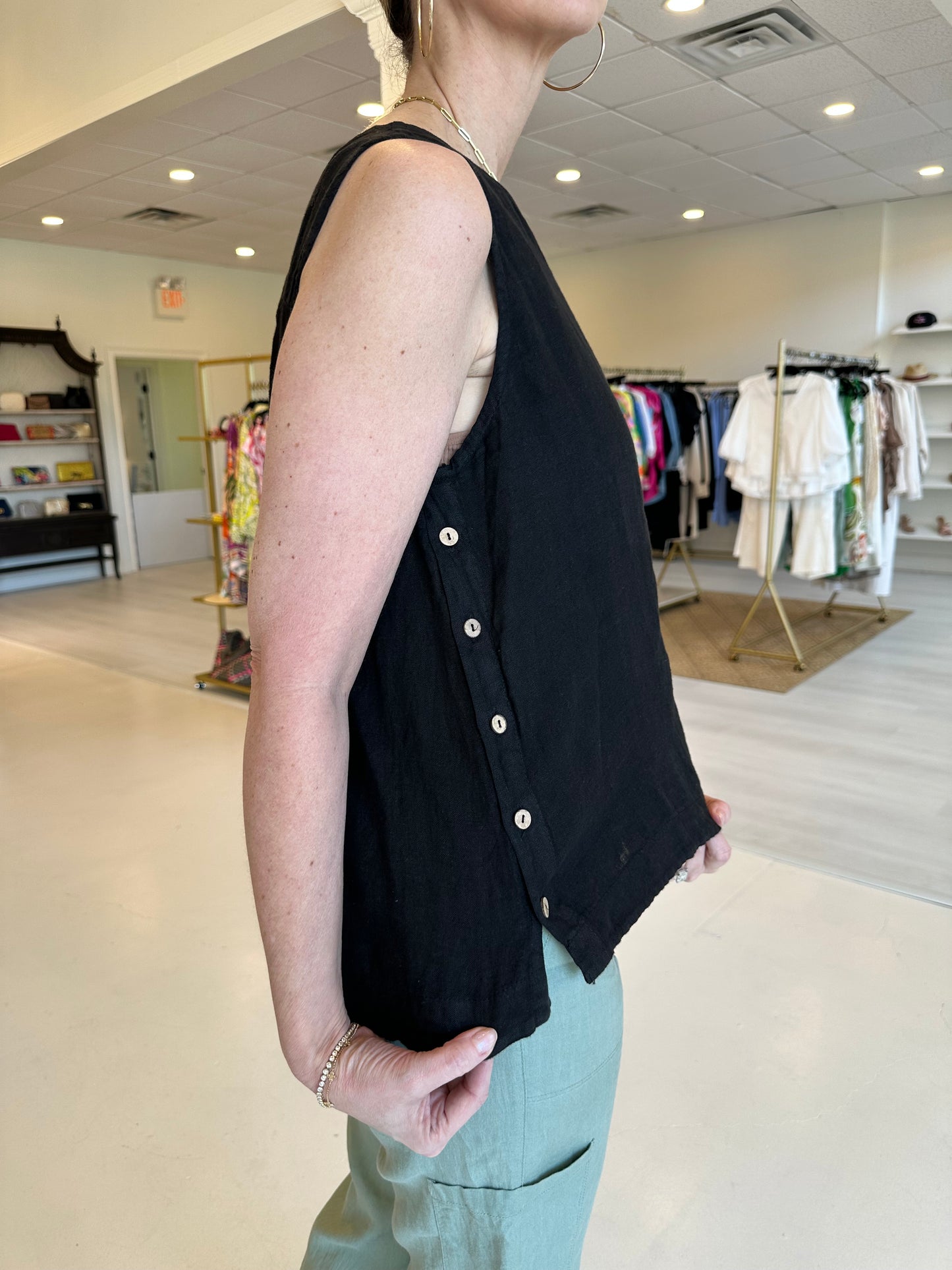 Charlie B Collection Black Linen Tank with Side Buttons
