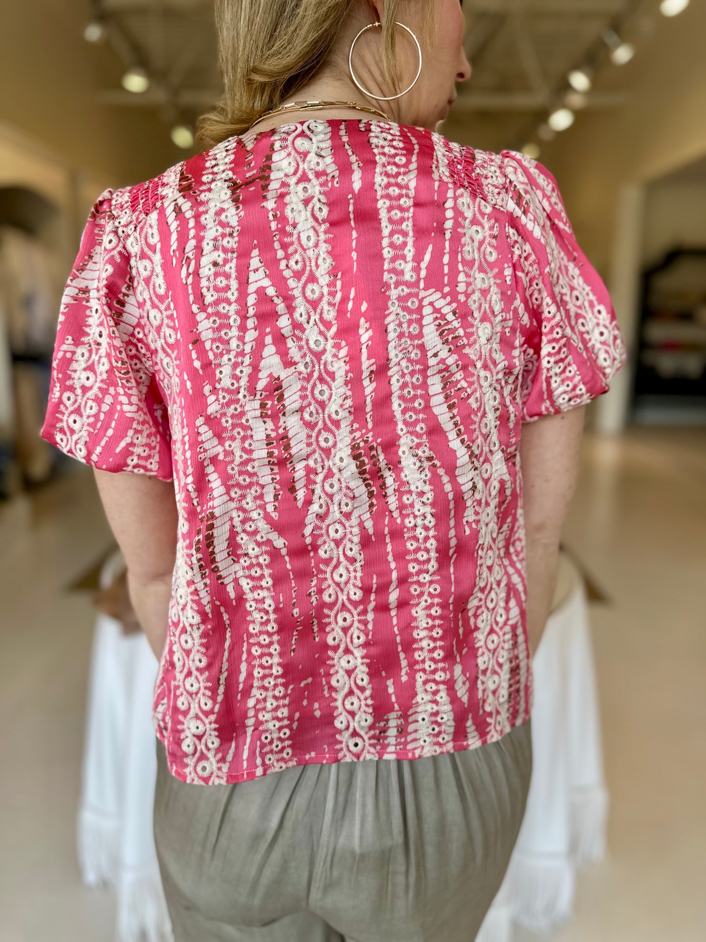 Joy Joy Pink Eyelet Shirred Shirt