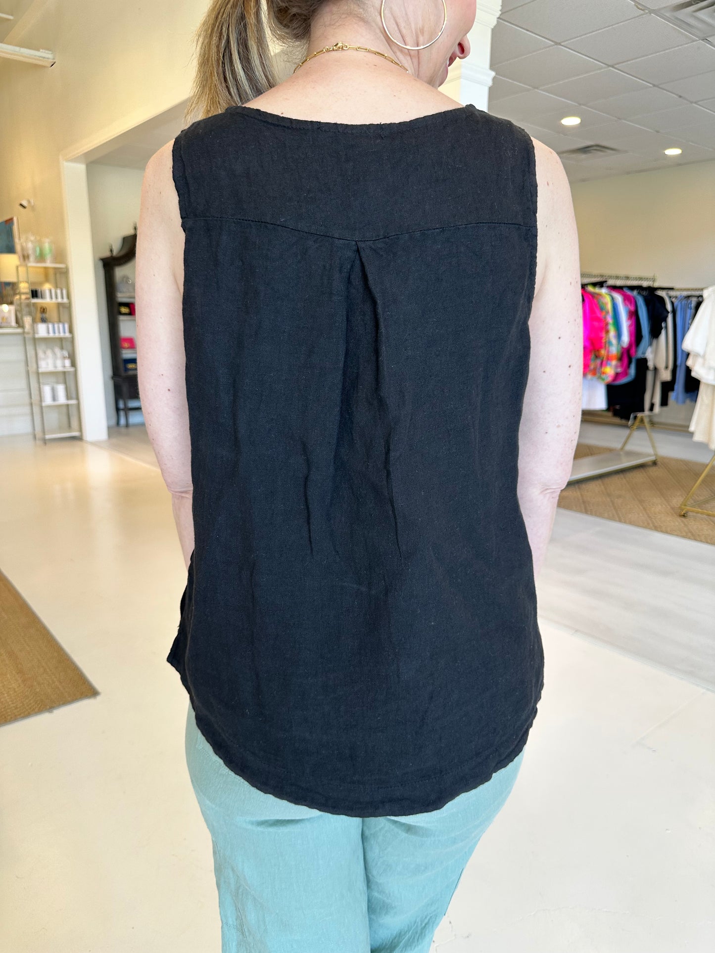Charlie B Collection Black Linen Tank with Side Buttons