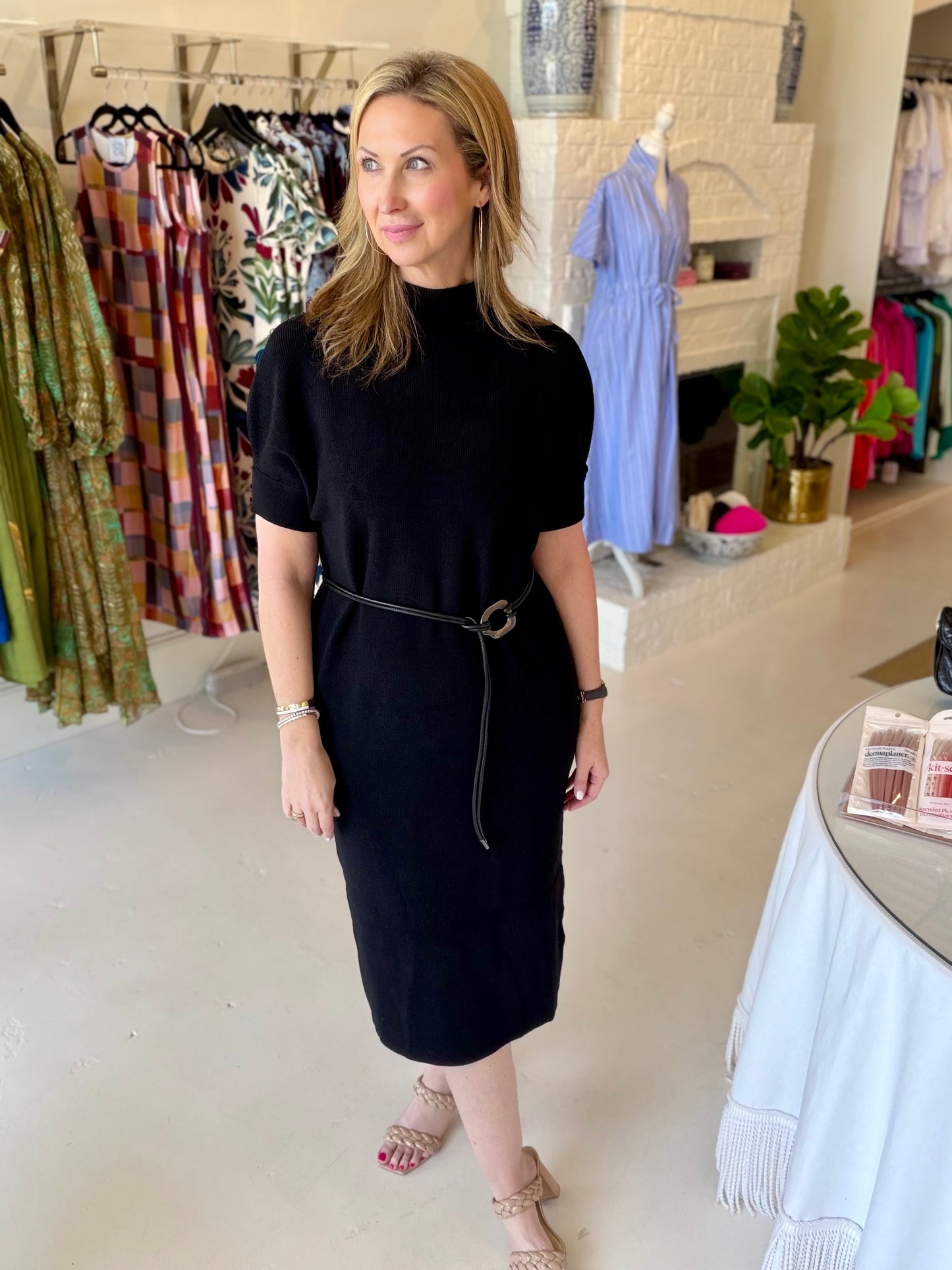 Esqualo Long Knit Sweater Dress with Belt - Black