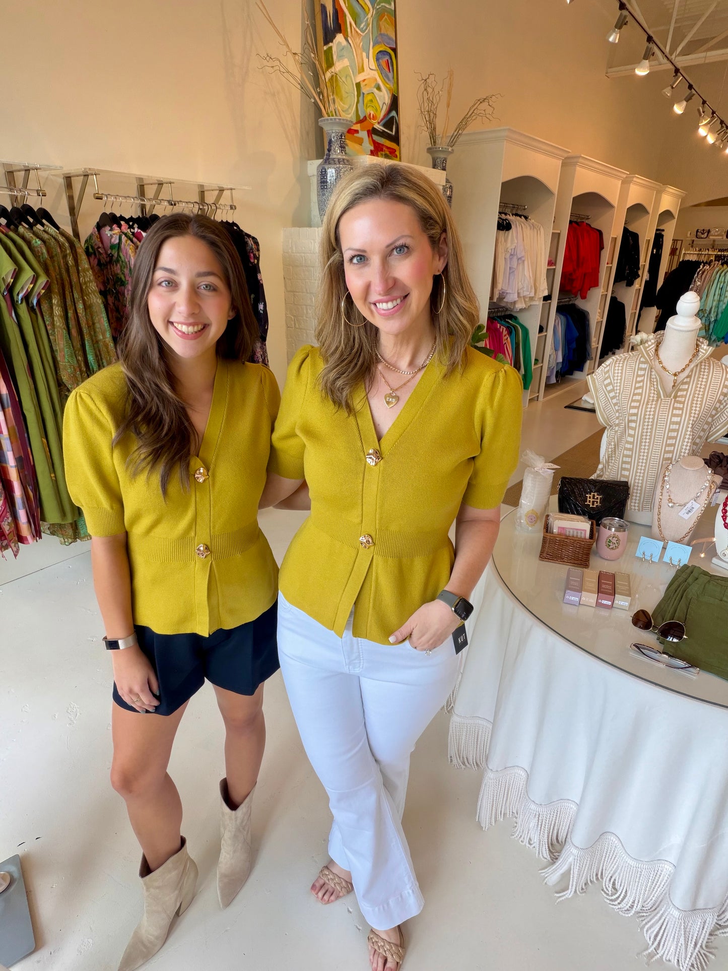 Ribbed Short Sleeve Cardigan w/ Gold Buttons - Chartreuse