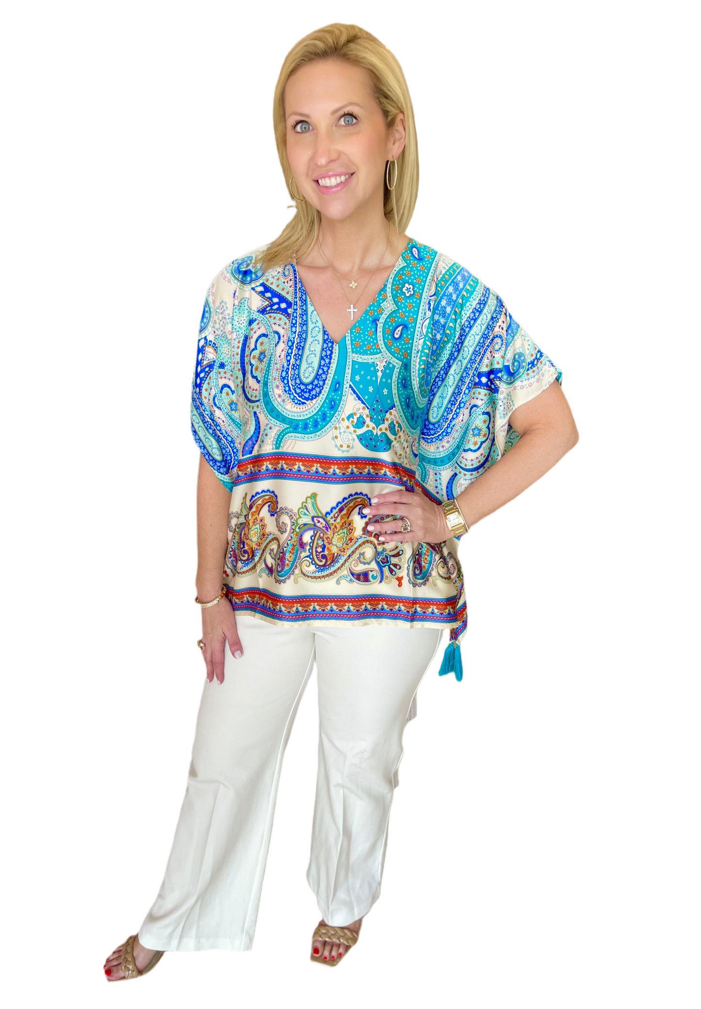 Jade V-Neck Caftan Top - Blue Paisley