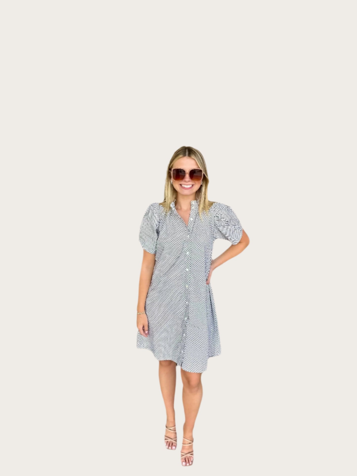 Never A Wallflower Elastic Collar Shift Dress- Small Check