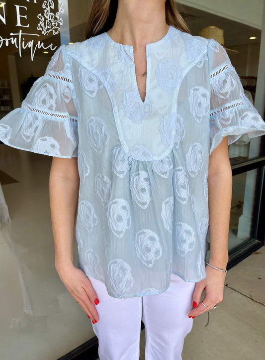 Joy Joy Flare Trim Top- Light Blue