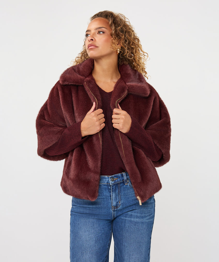 Esqualo Faux Fur Poncho Jacket - Merlot
