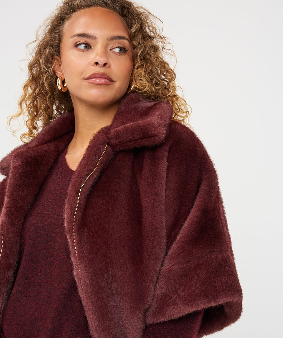 Esqualo Faux Fur Poncho Jacket - Merlot