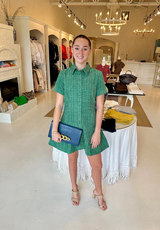 Joy Joy Pleated Hem Buttons Dress Tweed Green