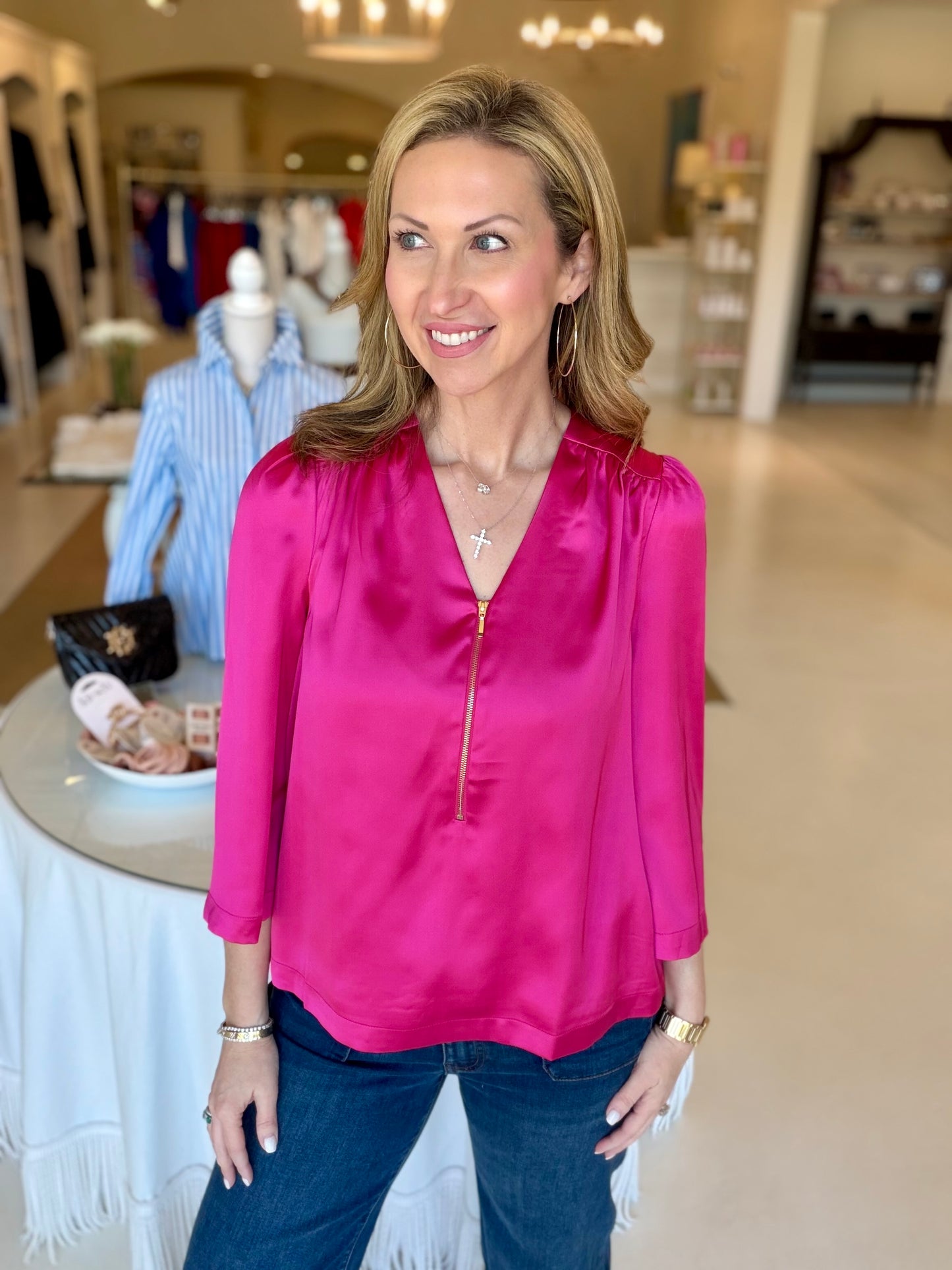 Jade V-Neck Zipper Blouse - Berry