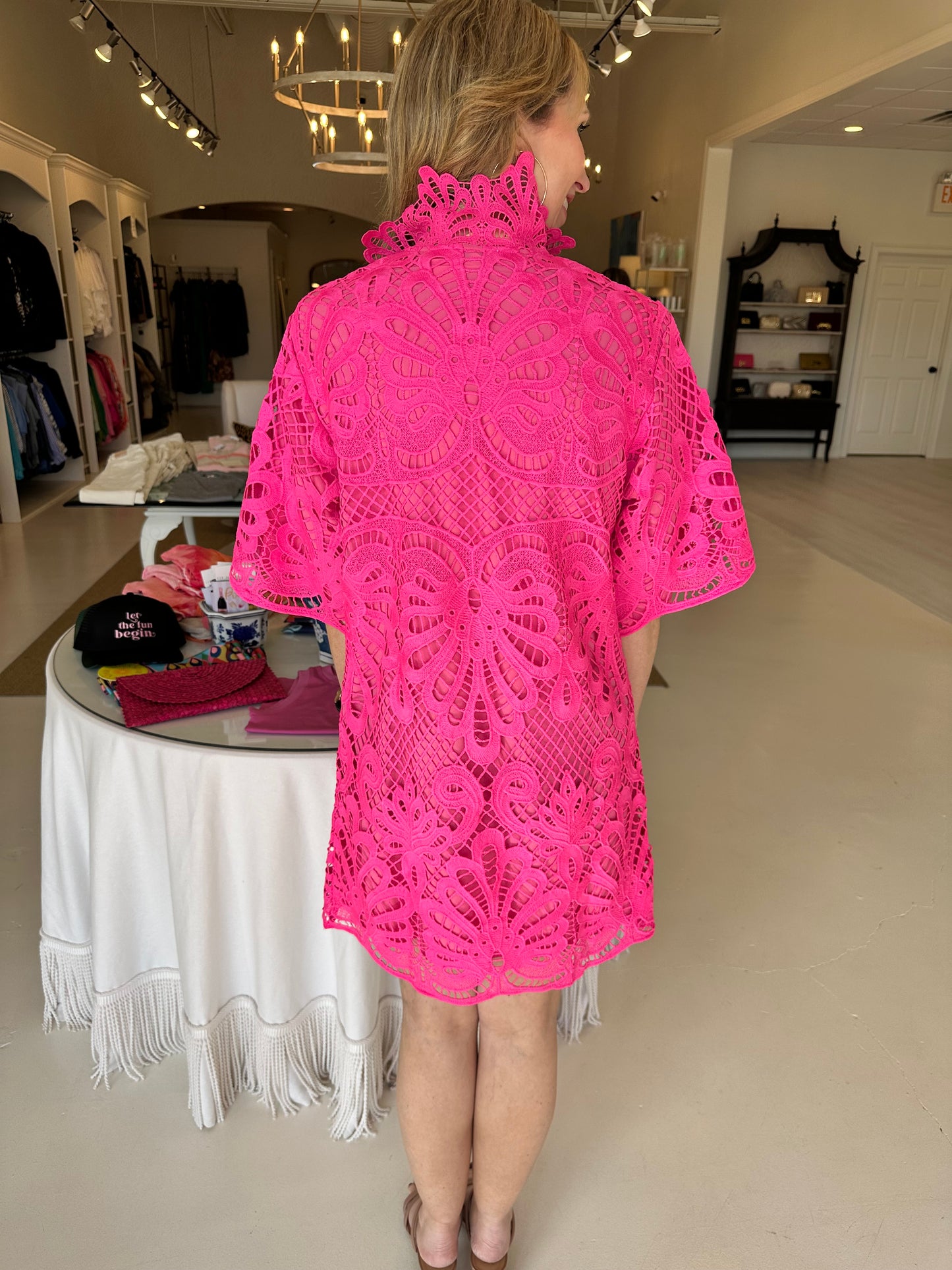 Jade High Neck Tunic Dress-Pink Lace