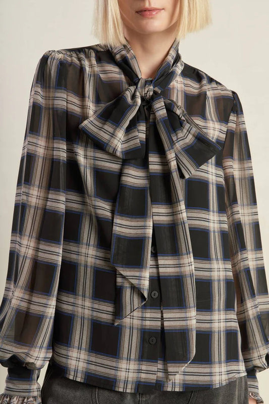 EAB Favorites Black Plaid Bow Neck Top