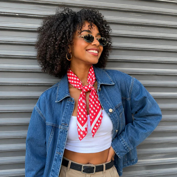 French Picnic Red Gingham Satin Silk Square Scarf